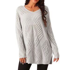 V Neck Long Sleeve Hollow Cable Knit Loose Casual Pullover Sweaters Gray